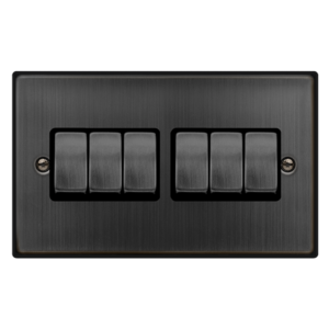 CLICK VPBZ416BK DECO MATT BRONZE INGOT 6 GANG 10AX 2 WAY PLATE SWITCH BLACK INSERT