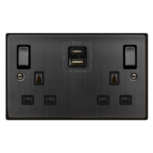 CLICK VPBZ586BK DECO VP MATT BRONZE 2 GANG 13A USB A&C SOCKET BLACK INSERT