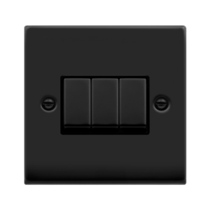 CLICK VPMB413BK DECO MATT BLACK INGOT 3 GANG 10AX 2 WAY PLATE SWITCH BLACK INSERT