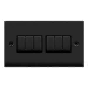 CLICK VPMB416BK DECO MATT BLACK INGOT 6 GANG 10AX 2 WAY PLATE SWITCH BLACK INSERT