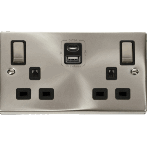 CLICK VPSC586BK DECO VP SATIN CHROME 2 GANG 13A USB A&C SOCKET BLACK INSERT