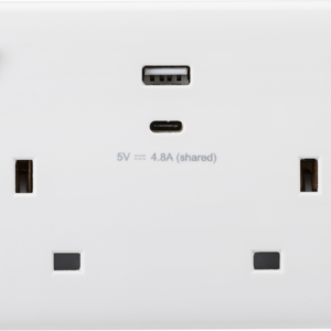 KNIGHTSBRIDGE CURVED CU9002 2 GANG A+C USB SOCKET (5V DC 4.8A SHARED) WITH OUTBOARD ROCKERS
