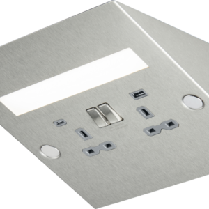 KNIGHTSBRIDGE SKR94L STAINLESS STEEL GREY INSERT 2 GANG 13A 2 POLE UNDER CABINET A+C USB SWITCHED  SOCKET WITH 5W LED LIGHT (Copy)