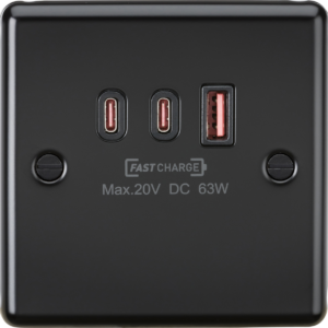 KNIGHTSBRIDGE CL63WMB 3 Gang 2 X USB-C 1 X USB-A 63W USB CHARGER PLATE