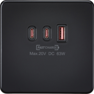 KNIGHTSBRIDGE SF63WMB SCREWLESS FLATPLATE 1 GANG USB-A & DUAL USB-C CHARGER PLATE