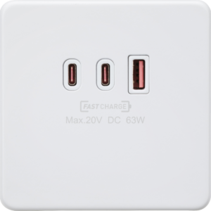 KNIGHTSBRIDGE SF63WMW SCREWLESS FLATPLATE 1 GANG USB-A & DUAL USB-C CHARGER PLATE