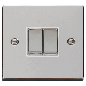 CLICK VPCH412WH DECO POLISHED CHROME INGOT 2 GANG 10AX 2 WAY PLATE SWITCH WHITE INSERT