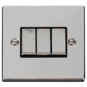 CLICK VPCH413BK DECO POLISHED CHROME INGOT 3 GANG 10AX 2 WAY PLATE SWITCH BLACK INSERT