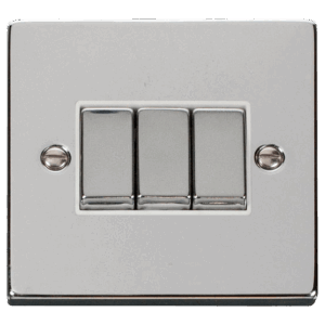 CLICK VPCH413WH DECO POLISHED CHROME INGOT 3 GANG 10AX 2 WAY PLATE SWITCH WHITE INSERT