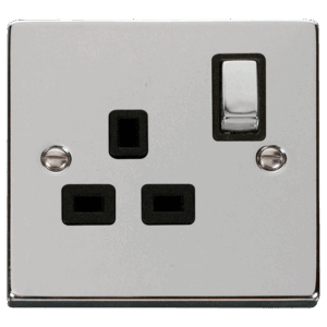 CLICK VPCH535BK DECO POLISHED CHROME INGOT 1 GANG 13A 2 POLE SWITCHED SINGLE SOCKET BLACK INSERT