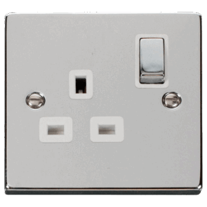 CLICK VPCH535WH DECO POLISHED CHROME INGOT 1 GANG 13A 2 POLE SWITCHED SINGLE SOCKET WHITE INSERT