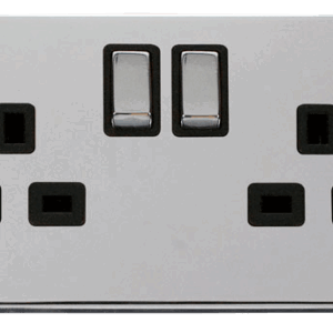 CLICK VPCH536BK DECO POLISHED CHROME BLACK INSERT 13A 2 GANG 2 POLE SWITCHED DOUBLE SOCKET